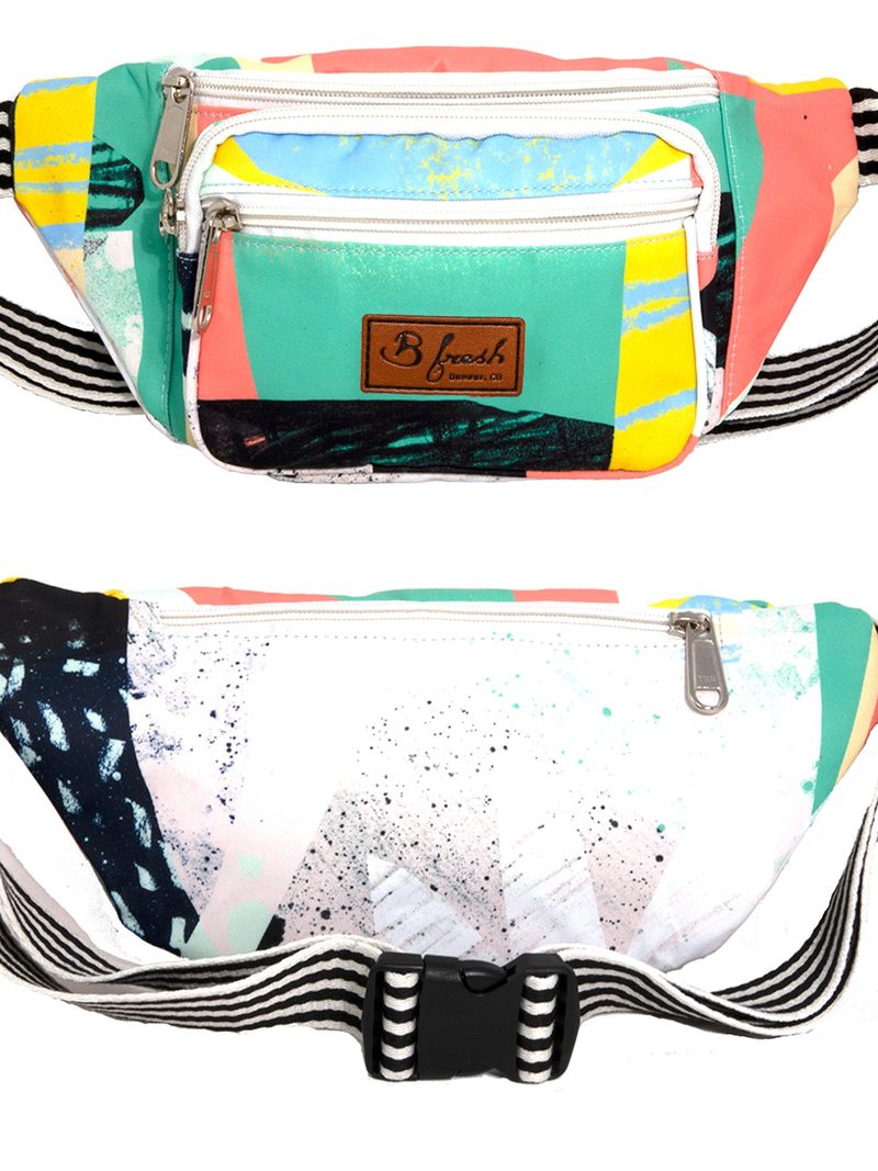 A colorful patchwork B Fresh Gear fanny pack.