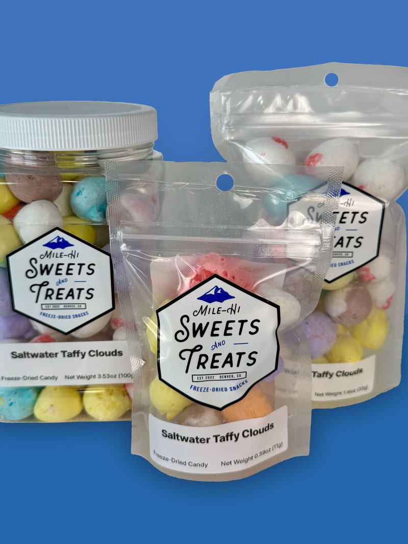 Jars and pouches of colorful freeze-dried saltwater taffy candy from Mile-Hi Sweets and Treats.