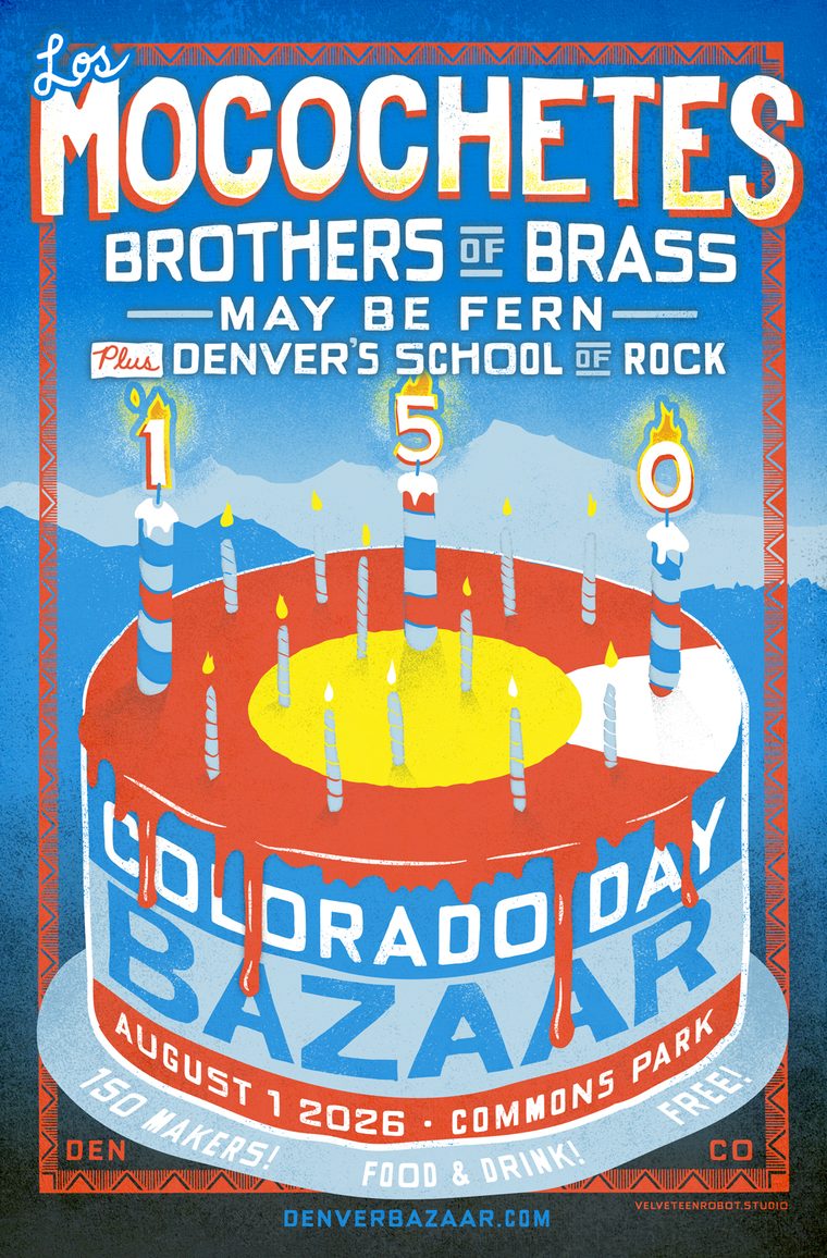 Colorado Day BAZAAR poster: a Colorado flag birthday cake with 150 candles, full lineup above